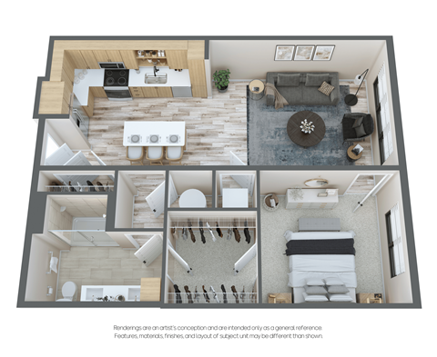 a spacious two bedroom apartment with a large living room and kitchen with a dining area and a